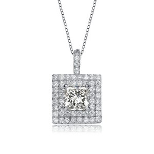 Guili White Gold Plated Pendant Necklace Featuring Princess Cut Cubic Zirconia Solitaire in a Double Halo Cluster for an Elegant Statement - 1 of 3