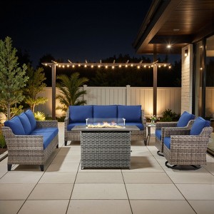 Buenhomino 6 Pieces Wicker Outdoor Patio Furniture Set Conversation Sofa Couch with a Fire Pit Table, Swivel Chairs and Cushions - 1 of 4