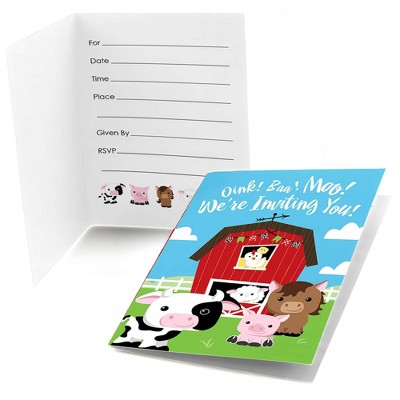 Big Dot of Happiness Farm Animals - Fill In Baby Shower or Birthday Party Invitations (8 count)