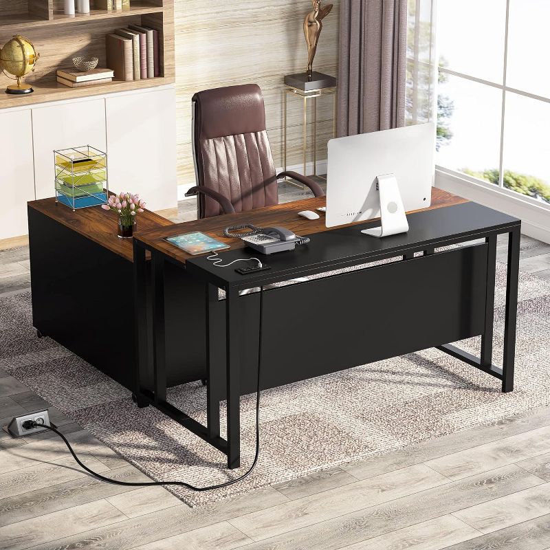 Tribesigns L-Shaped Computer Desk with File Cabinet, 55" Large Executive Table with Power Outlet, 2 of 8