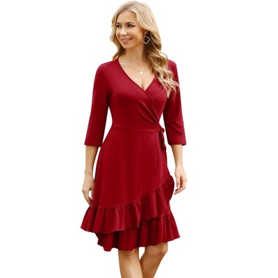 Women's Wrap Dress V Neck 3/4 Sleeve Midi Dresses for Women