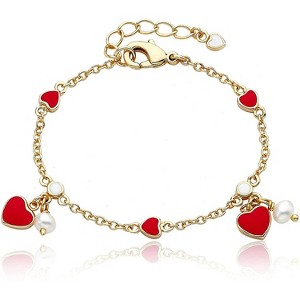 Guili Adorable 14K Yellow Gold Plated Bracelet for Toddlers/Kids with Red Enamel Heart and Pearl Dangle Charms – A Sweet and Stylish Accessory - 1 of 3