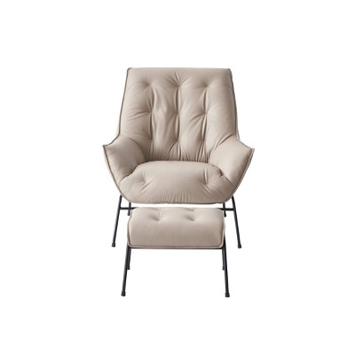 Khaki Top Grain Leather Accent Chair with Metal Frame and Ottoman