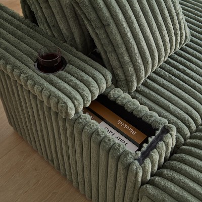 84-Inch Corduroy 3-Seater Sofa with 3 Back Pillows, 2 Toss Pillows, 2 Ottoman, 2 Storage Spaces and Cup-Holding Grooves