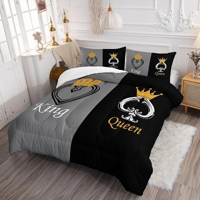Acoinel Crown Couple Bedding Comforter Bedding Set with 1 Quilt 2 Pillowcases, for Valentine's Day Wedding Gifts