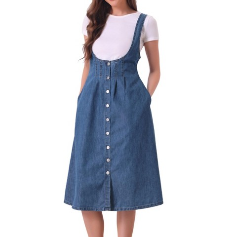 Женские платья INSPIRE CHIC Women's Button Front Classic U Neck Overall Denim Midi Dress with Pockets Large Dark Blue