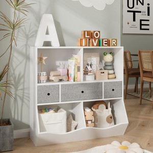 Kids Toy Storage Organizer with 3 Movable Drawers and 5-Section Bookshelf - 3-Tier Large Toy Cabinet for Playroom, Kindergarten, and School - 1 of 4