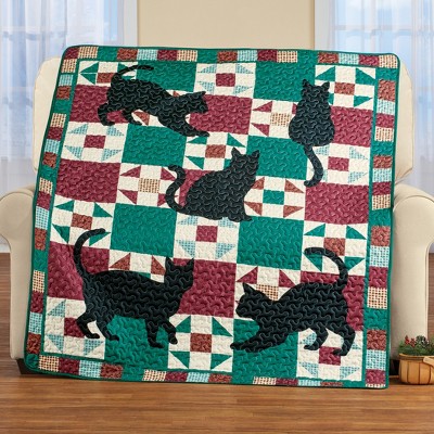 Cozy Quilted Cat Patchwork Throw in Green, Burgundy, and Cream