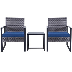 JUJABU 3 Piece Gray Wicker Outdoor Furniture Set with Cushions and Coffee Table - 1 of 4