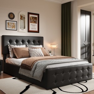 Bed Frame with 4 Storage Drawers, Linen Upholstered Platform Bed Frame with Wooden Slats Support, Button Tufted Design - 1 of 4