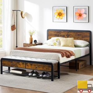 Jojoka Platform Bed Frame with Storage Bench & Drawers, Rustic Wood Headboard, Underbed Storage, Heavy Duty Metal Slats, No Box Spring Needed - 1 of 4
