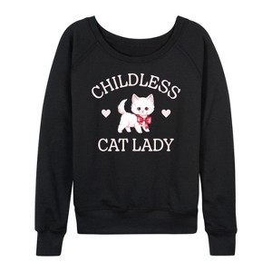 Women's - Instant Message - Childless Cat Lady Kitten Lightweight French Terry Wide Neck Long Sleeve Graphic Shirt - 1 of 4