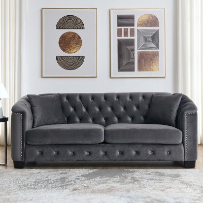 77" Chesterfield Velvet Sofa,Luxury 3-Seater Tufted Couch with Nailhead Trim for Living Room,Bedroom or Apartment-Baofuwish