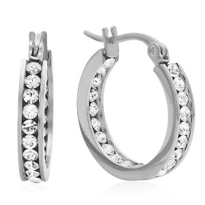 Steeltime Ladies stainless steel hoop earrings adorned with crystals. Color Options: Silver, Gold, Rose Gold - 1 of 4
