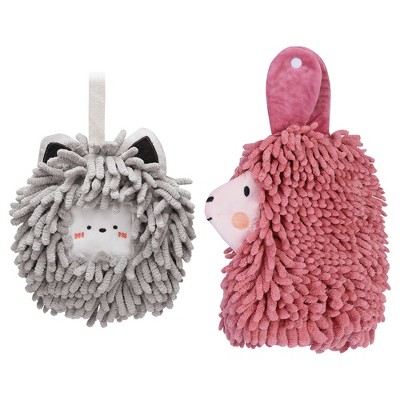 REGALWOVEN Absorbent Soft Chenille Cartoon Alpaca Fuzzy Ball Bathroom Hanging Hand Towels 7" x 7"/7" x 11" 2 Pcs