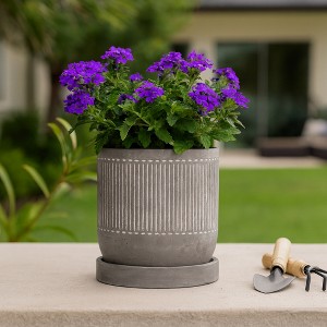 Ribbed Ceramic Plant Pot with Saucer for Indoor and Outdoor Use - Sleek Minimalist Planter for Living Room, Bedroom, or Office Decor - 6" Gray - 1 of 4