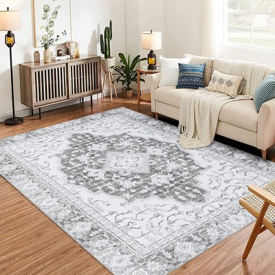 Garvee Washable Vintage Floral Area Rug 5x7'- Non-Slip Print, Non-Shedding, Soft Foldable Carpets,Gray