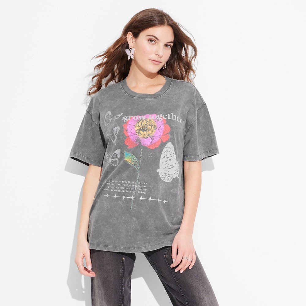 Size XS Women's Grow Together Butterfly Oversized Short Sleeve Graphic T-Shirt - Gray 