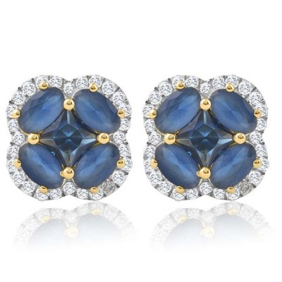 Pompeii3 2 1/4Ct Blue Sapphire & Diamond Halo Studs Lab Created Yellow Gold 10.5mm Earrings