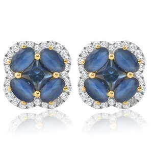 Pompeii3 2 1/4Ct Blue Sapphire & Diamond Halo Studs Lab Created Yellow Gold 10.5mm Earrings - 1 of 4
