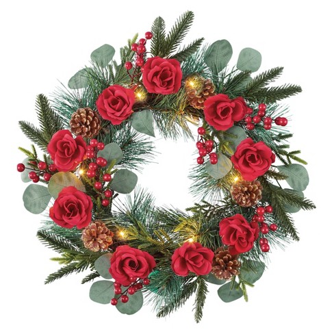 Collections Etc LED Lighted Red Rose Holiday Wreath