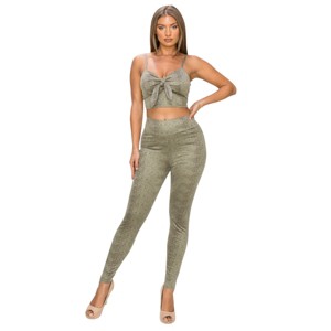 Slickblue Snake Print Crop Top & Leggings, Tie Front & High Waist, 2 Piece Set, Casual, Mocha/Sage, Size S-L - 1 of 4