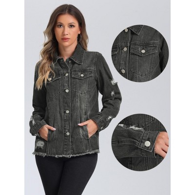 Allegra K Women's Frayed Washed Button Down Denim Jacket with Pockets Black Large — фото 2