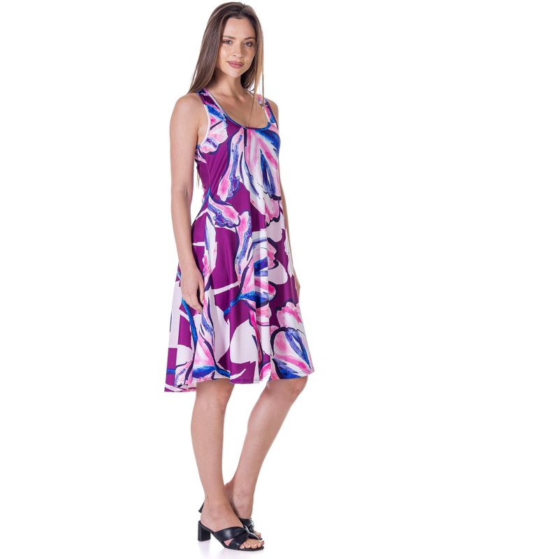 24seven Comfort Apparel Womens Purple Floral Sleeveless Knee Length Tank Swing Dress, 2 of 9