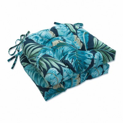 Set of 2 Outdoor/Indoor Deluxe Tufted Chair Pads Tortola Midnight Blue - Pillow Perfect: Weather-Resistant Patio Cushions
