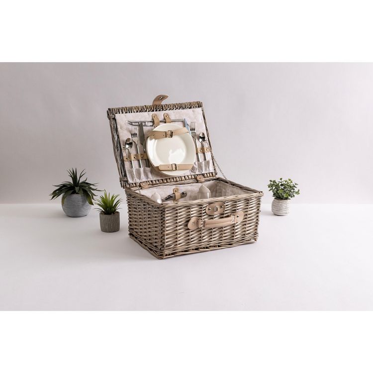 Picnic Basket Set for 2, Taupe Willow with Cream Accents, 3 of 9