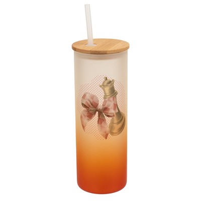 Elanze Designs 25 Ounce Frosted Glass Gradient Travel Tumbler With Straw and Wooden Lid, Chess Piece With Bow Orange
