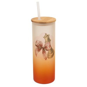 Elanze Designs 25 Ounce Frosted Glass Gradient Travel Tumbler With Straw and Wooden Lid, Chess Piece With Bow Orange - 1 of 1