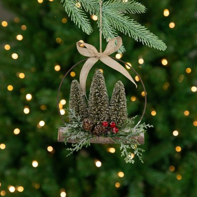 Rustic Frosted Green Bottle Brush Trees Ornament with Burlap Bow