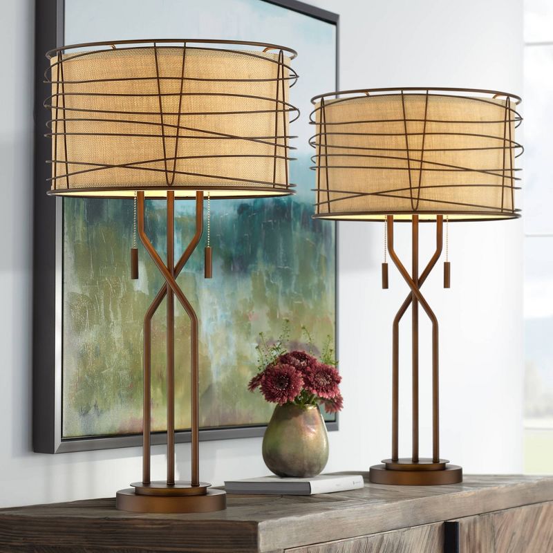 Franklin Iron Works Marlowe 28 3/4" Tall Farmhouse Rustic Modern End Table Lamps Set of 2 Pull Chain Bronze Metal Living Room Bedroom Woven Shade, 2 of 10