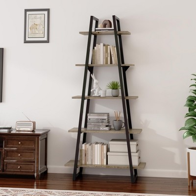 Homhougo 5 Tier Ladder Bookshelf, Narrow Open Book Shelf, Tall Standing Bookcase with Steel Frame Light yellow
