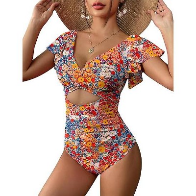 AI'MAGE Women's Ruffle One Piece Swimsuit V Neck Tummy Control Bathing Suits Cutout Backless Swimwear