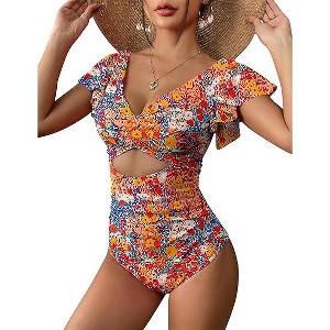 AI'MAGE Women's Ruffle One Piece Swimsuit V Neck Tummy Control Bathing Suits Cutout Backless Swimwear - 1 of 3