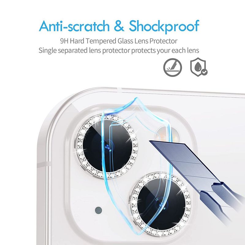 Diamond Camera Lens Protector, Diamond Tempered Glass Camera Cover Screen Protector for iPhone 14 / iPhone 14 Plus, 3 of 5