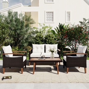 Outdoor 4-Pieces Furniture Set, Patio Sofa Set with Coffee Table, PE Rattan Sofa with Acacia Wood Frame and Removable Cushions–Cuddlewood - 1 of 4