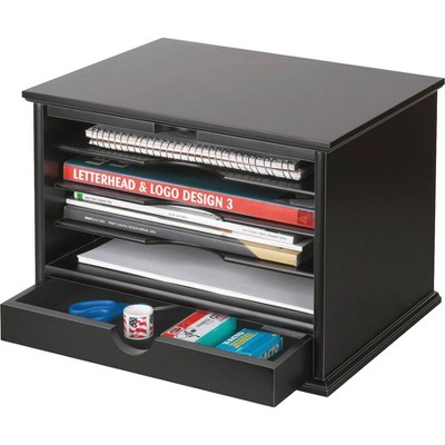 Midnight Black Wood Desktop Organizer with Drawer