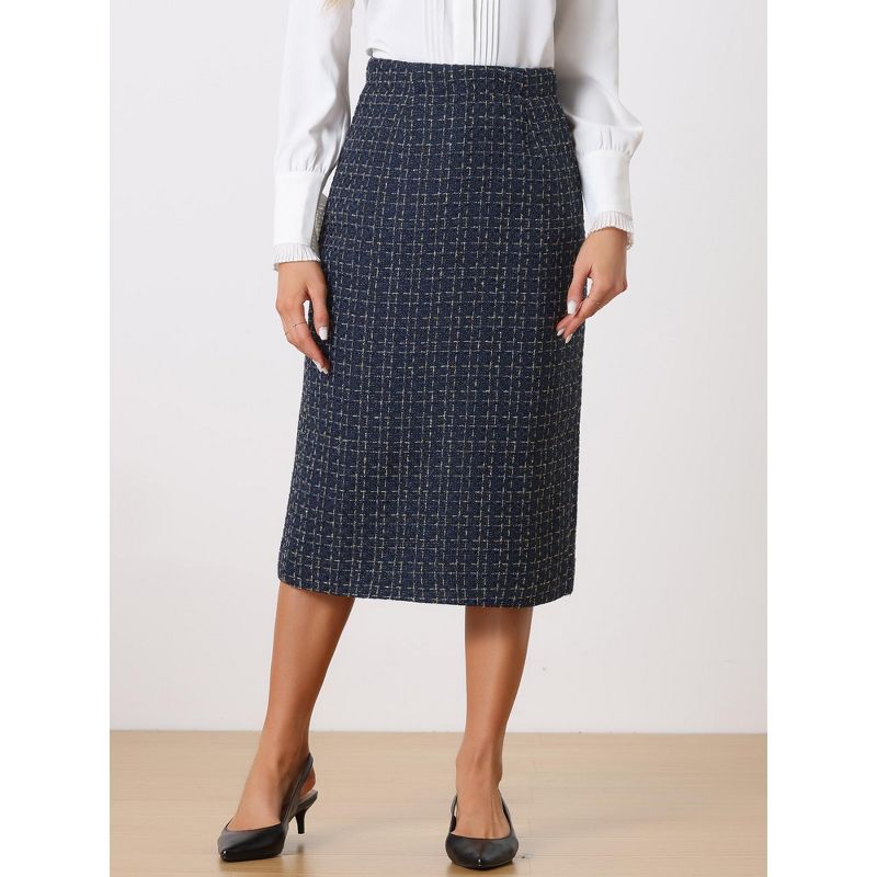 Allegra K Women's Plaid Tweed High Waist Work Office Bodycon Pencil Skirt, 3 of 6