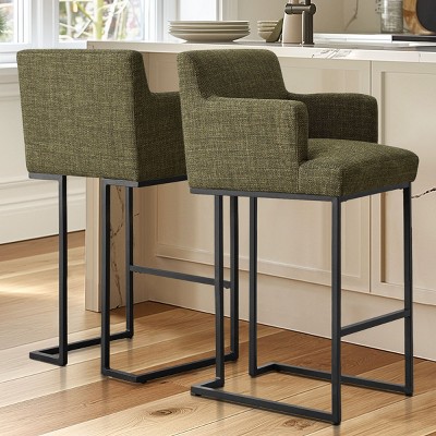 Set of 2 Upholstered Bar Stools with Armrests, 28.5" Seat Height Counter Chairs with Black Metal Sled Legs for Kitchen Island-Maison Boucle