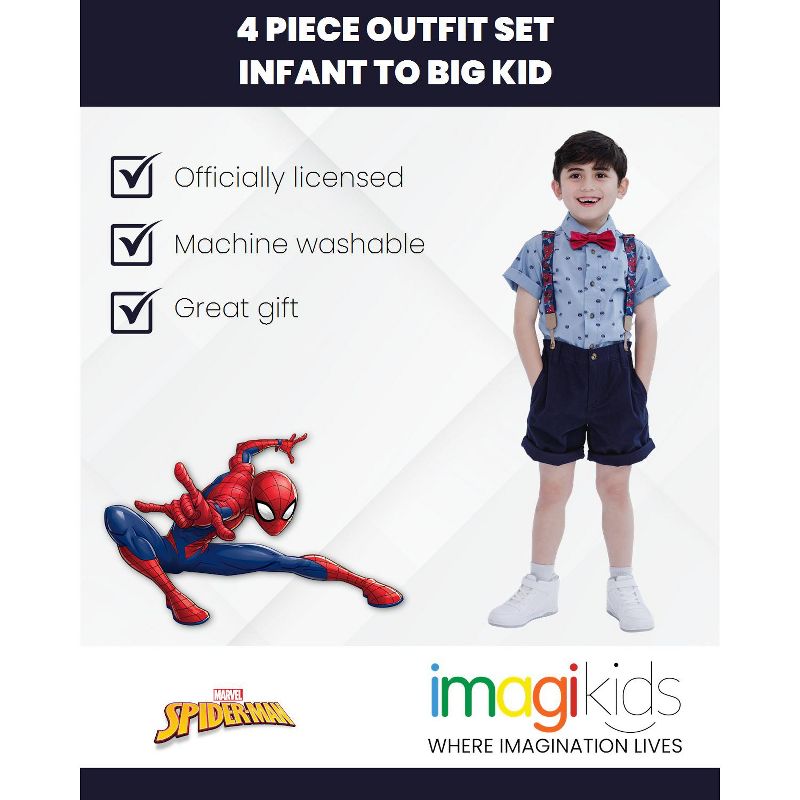 Marvel Spider-Man Button Down Shirt Twill Pants Suspenders and Bow-Tie 4 Piece Outfit Set Infant to Little Kid, 2 of 8