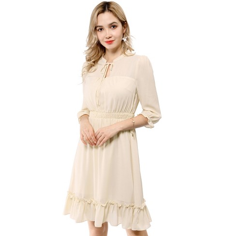 Allegra K Women's Ruffle Hem 3/4 Sleeve A-line Smocked Short Chiffon Dress  Beige Medium : Target