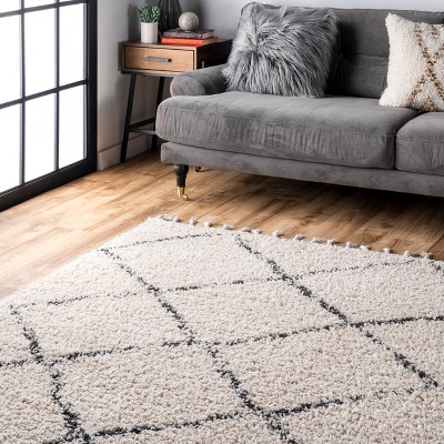 Off-White Braided Shag Square Area Rug with Tassels, 6'x6'