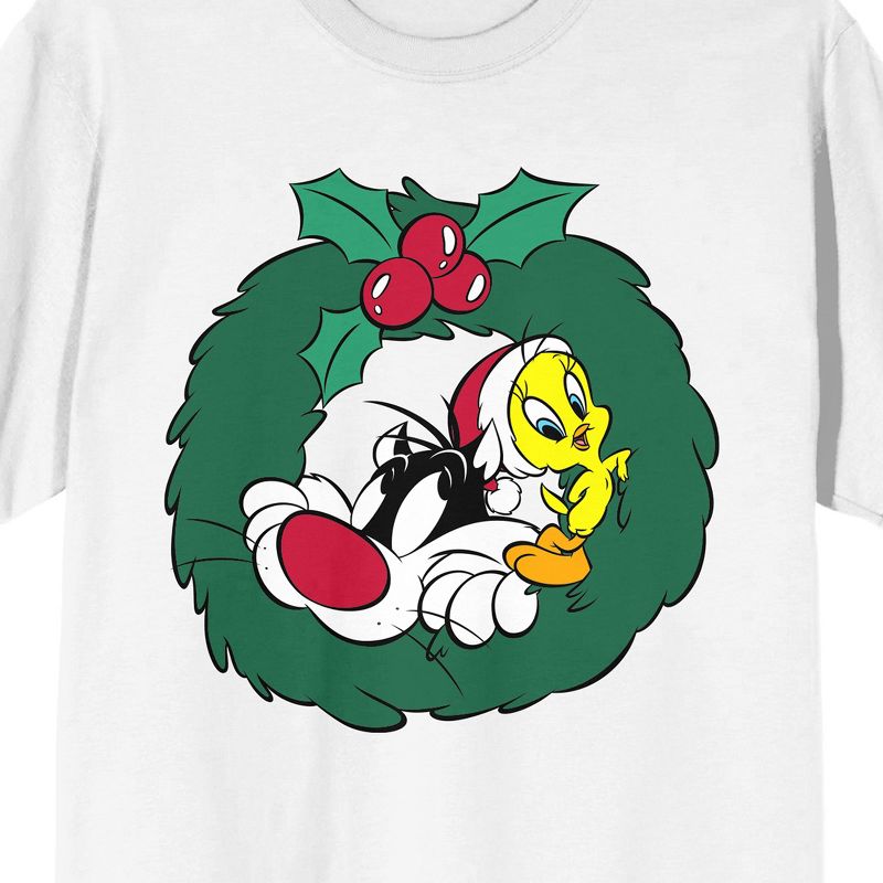 Looney Tunes Sylvetster And Tweety Christmas Wreath Crew Neck Short Sleeve Women's White T-shirt, 2 of 4