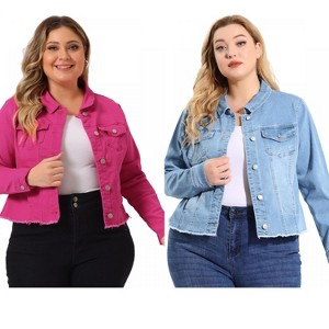 Women's Plus Size 2 Pieces Classic Denim Front Frayed Casual Long Sleeve Fashion Jean Jackets - Agnes Orinda - 1 of 4