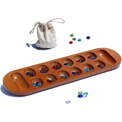 WE Games Coffee Table African Stone Game - Solid Wood Mancala Board Game with Glass Stones - Walnut Stain