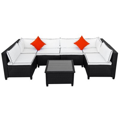 7pc Patio Rattan Wicker U-Shaped Sectional with Cushions & Pillows - Beige - Art Leon