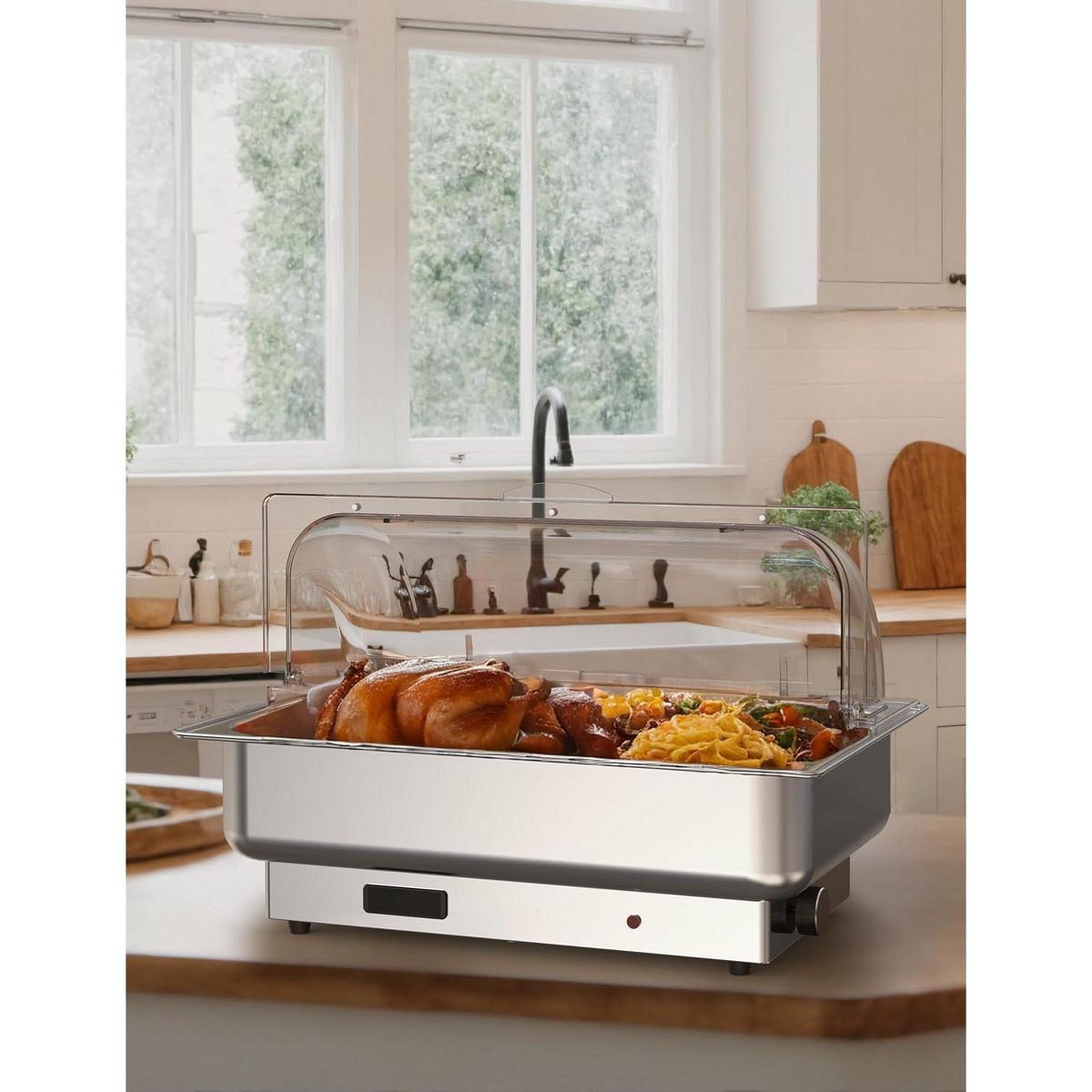 9QT Stainless Steel Electric Chafing Dish Buffet Server, Roll Top Clear Lid Adjustable Temp Control Food Warmer for Party Wedding Catering